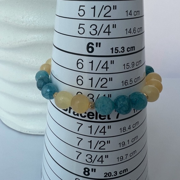 BLUE Agate & Soft Yellow Honey Calcite Stretch Beaded Bracelet - Picture 7 of 13